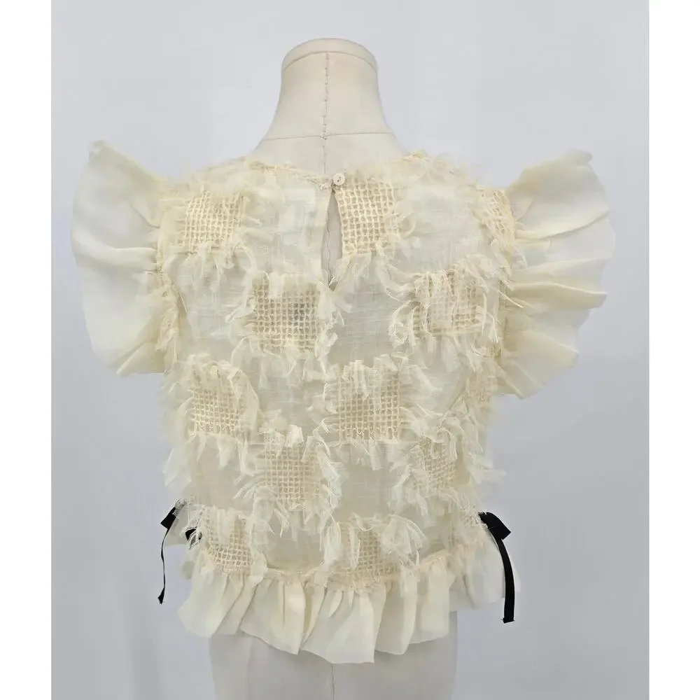 &merci Cream Twee Romantic Ruffle‎ Top with Black Bow Details – Size Small